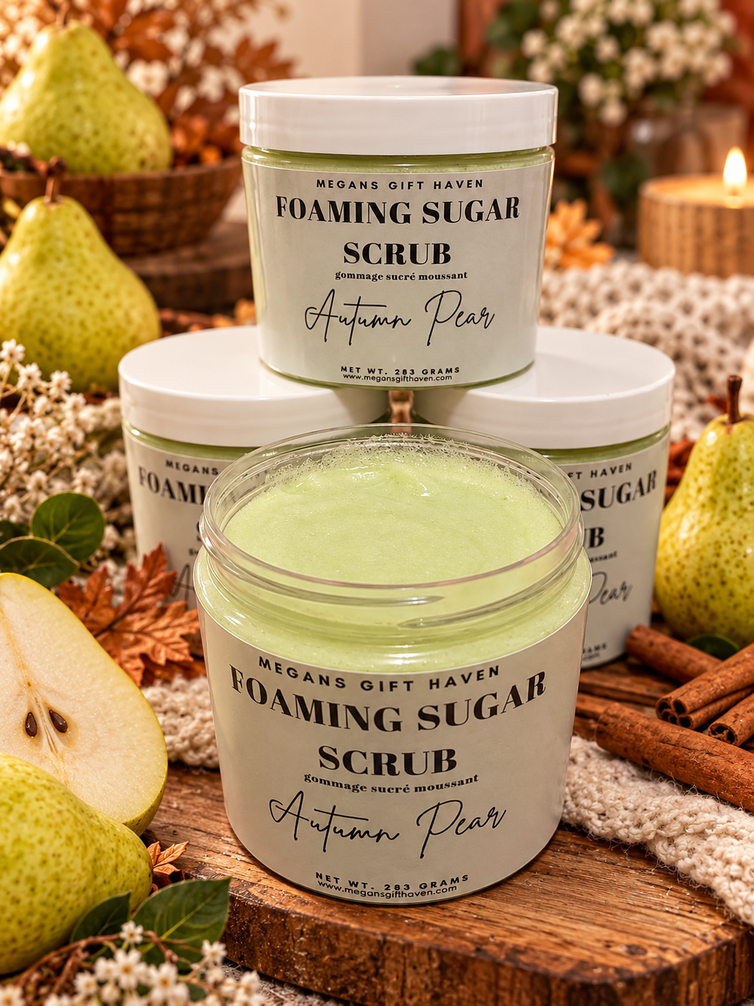 Autumn pear scented foaming sugar scrub