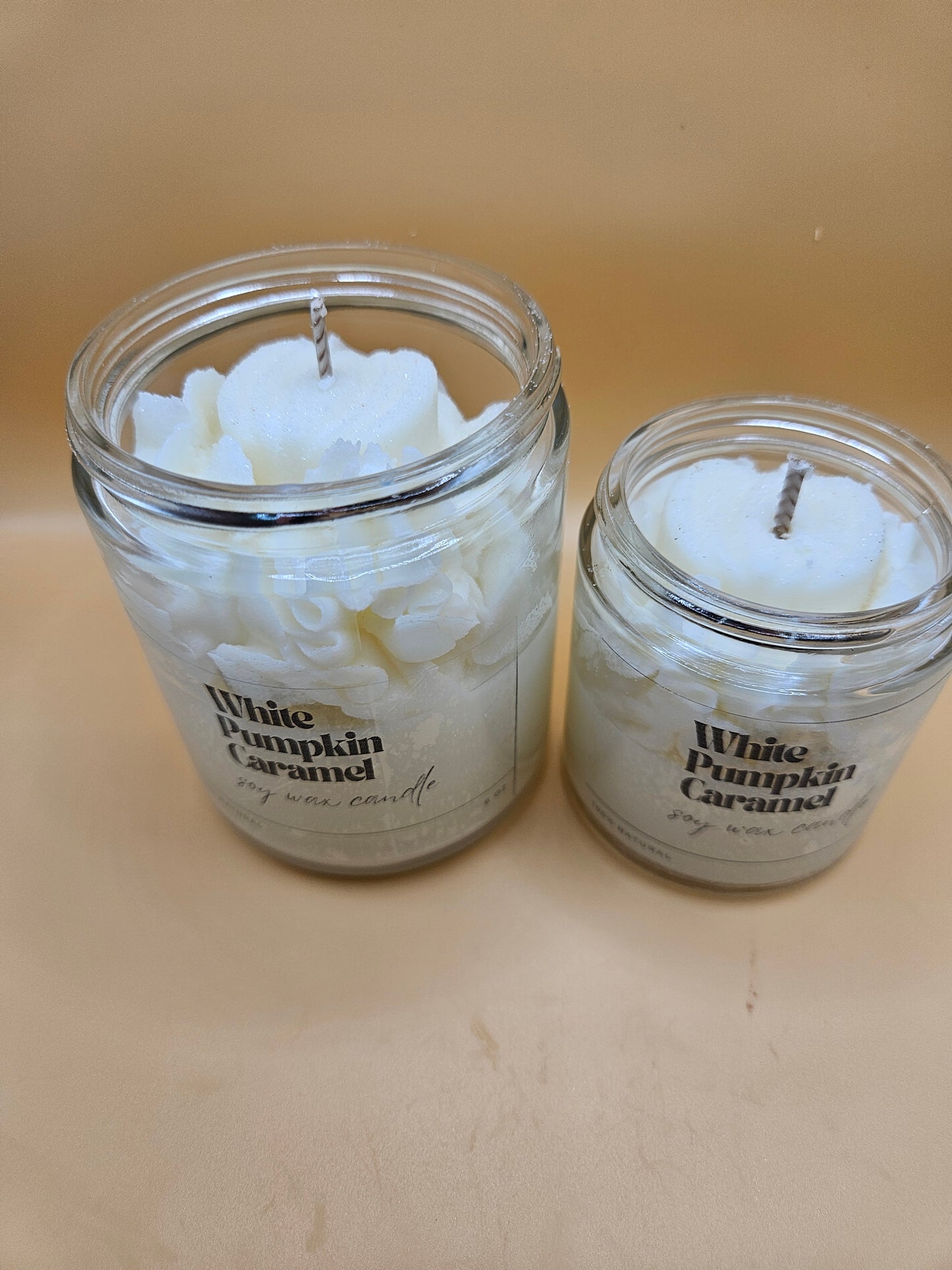 White pumpkin caramel scented soy wax candle
