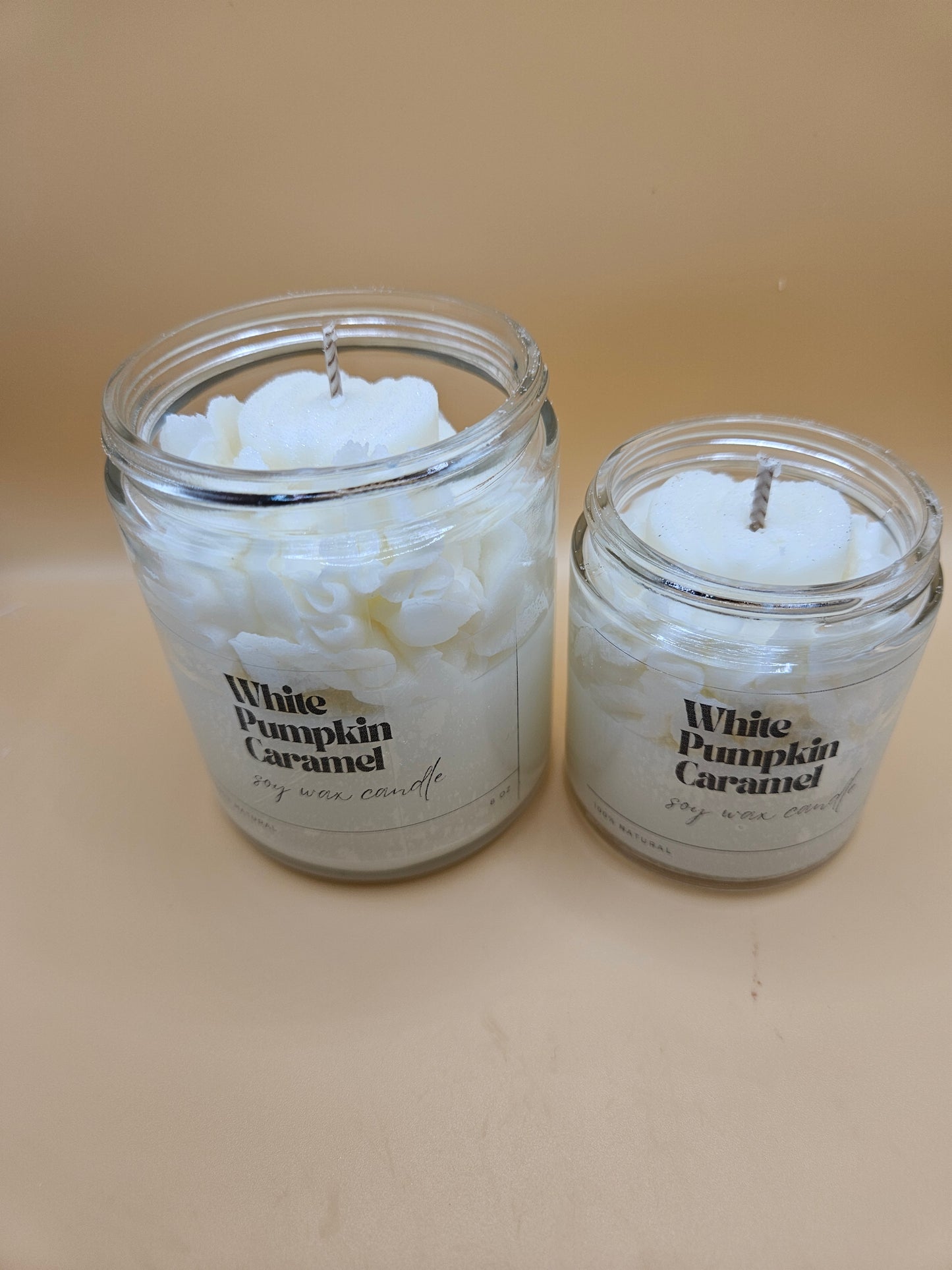 White pumpkin caramel scented soy wax candle