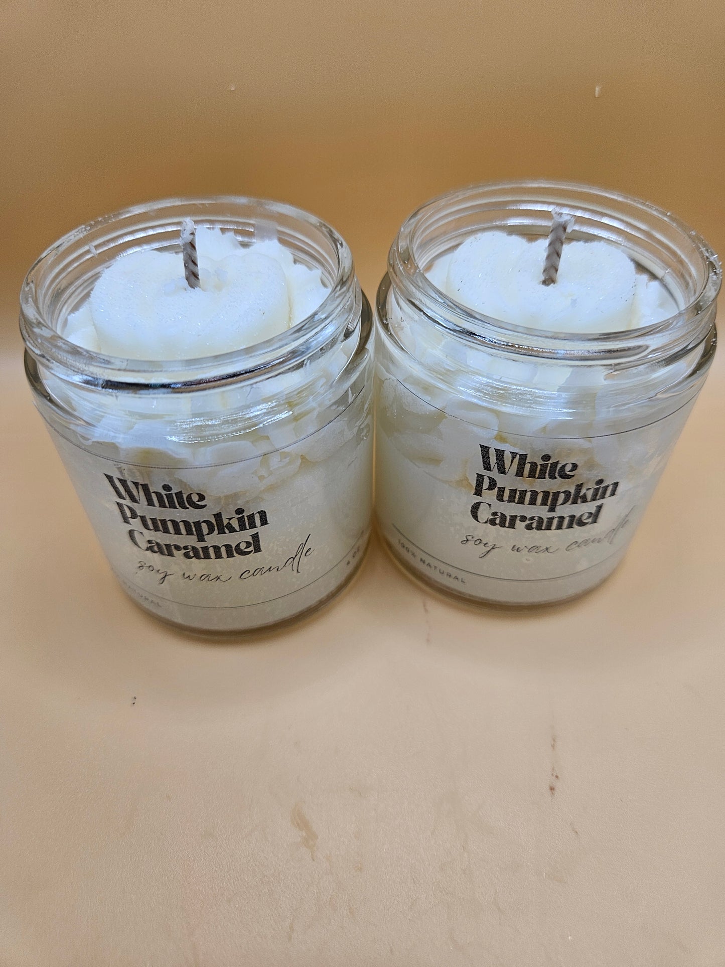 White pumpkin caramel scented soy wax candle