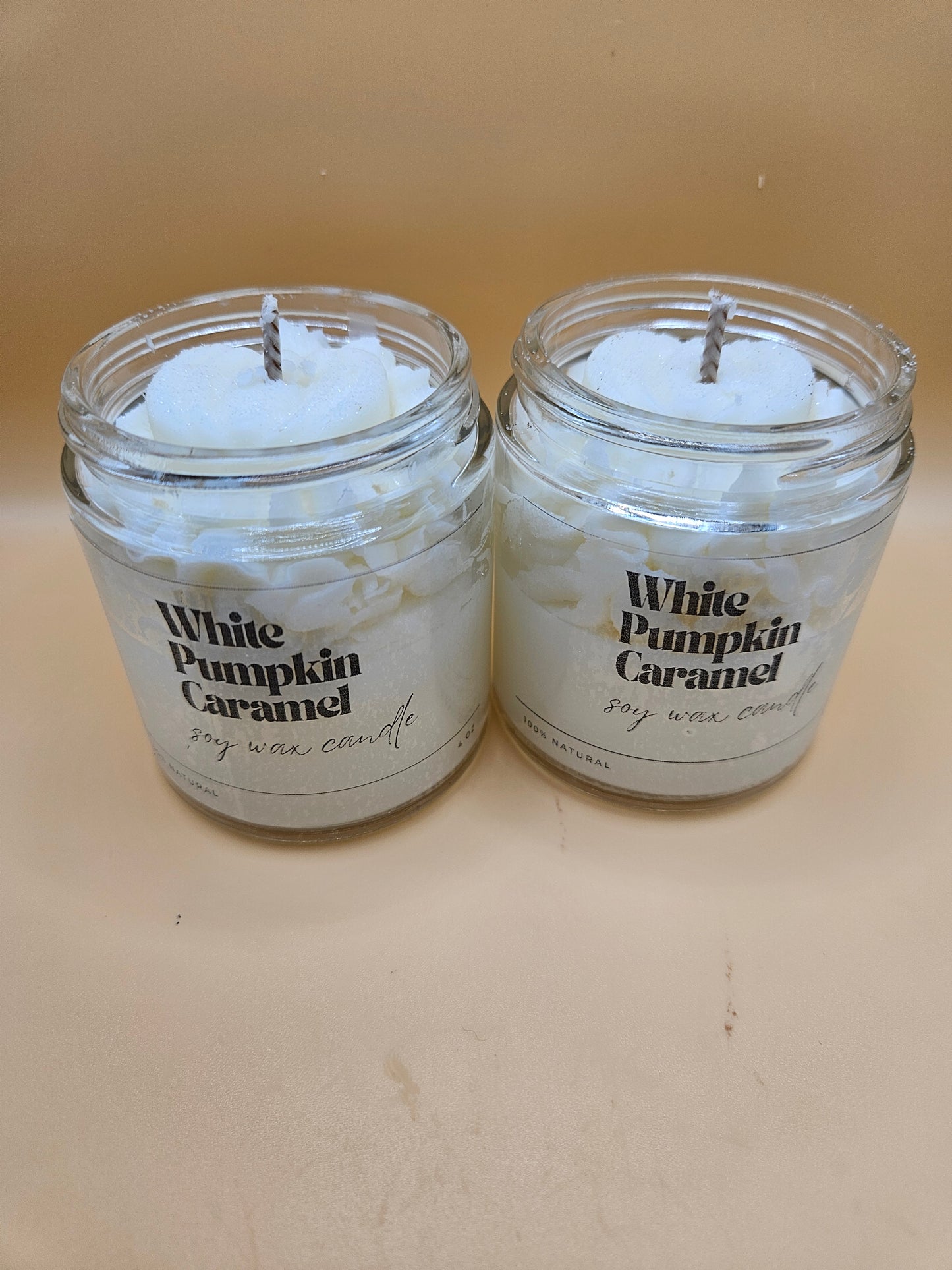 White pumpkin caramel scented soy wax candle