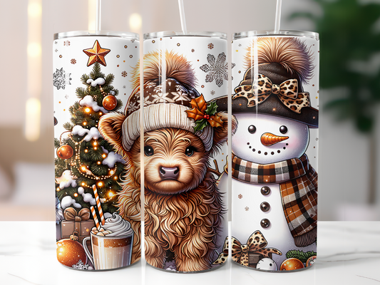 Christmas Highland Cow and Snowman Tumbler