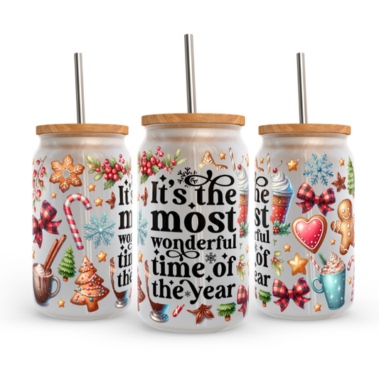 Its the Most Wonderful Time of the Year Christmas libby glass with bamboo lid and straw