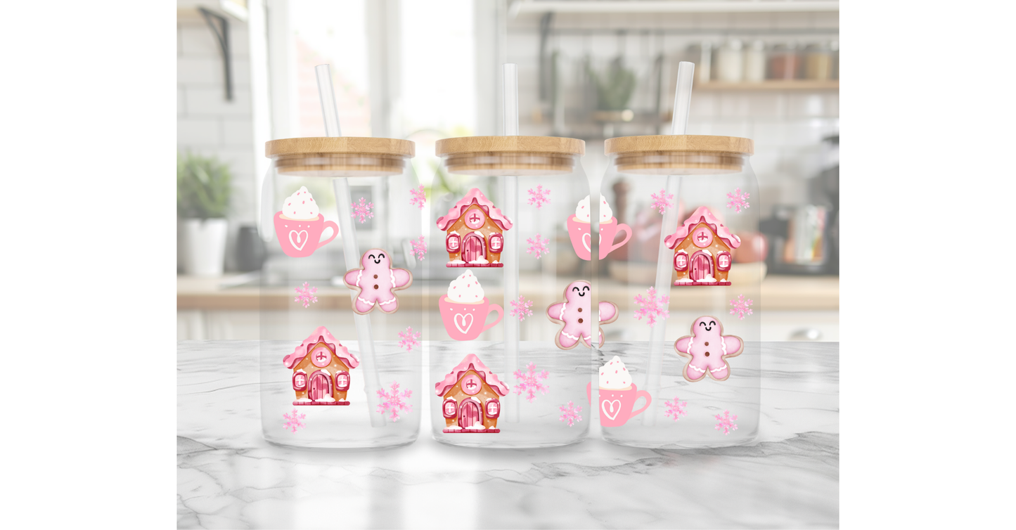 Pink Gingerbread House and Gingerbread Man Libby Glass with Bamboo Lid