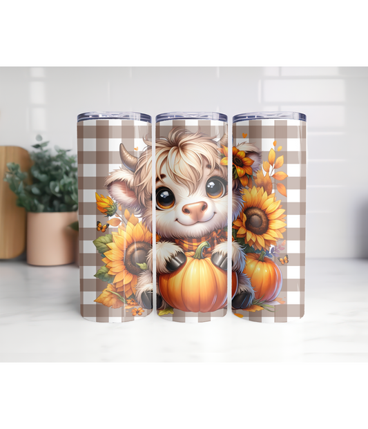 Highland Cow with pumpkins 20oz skinny tumbler