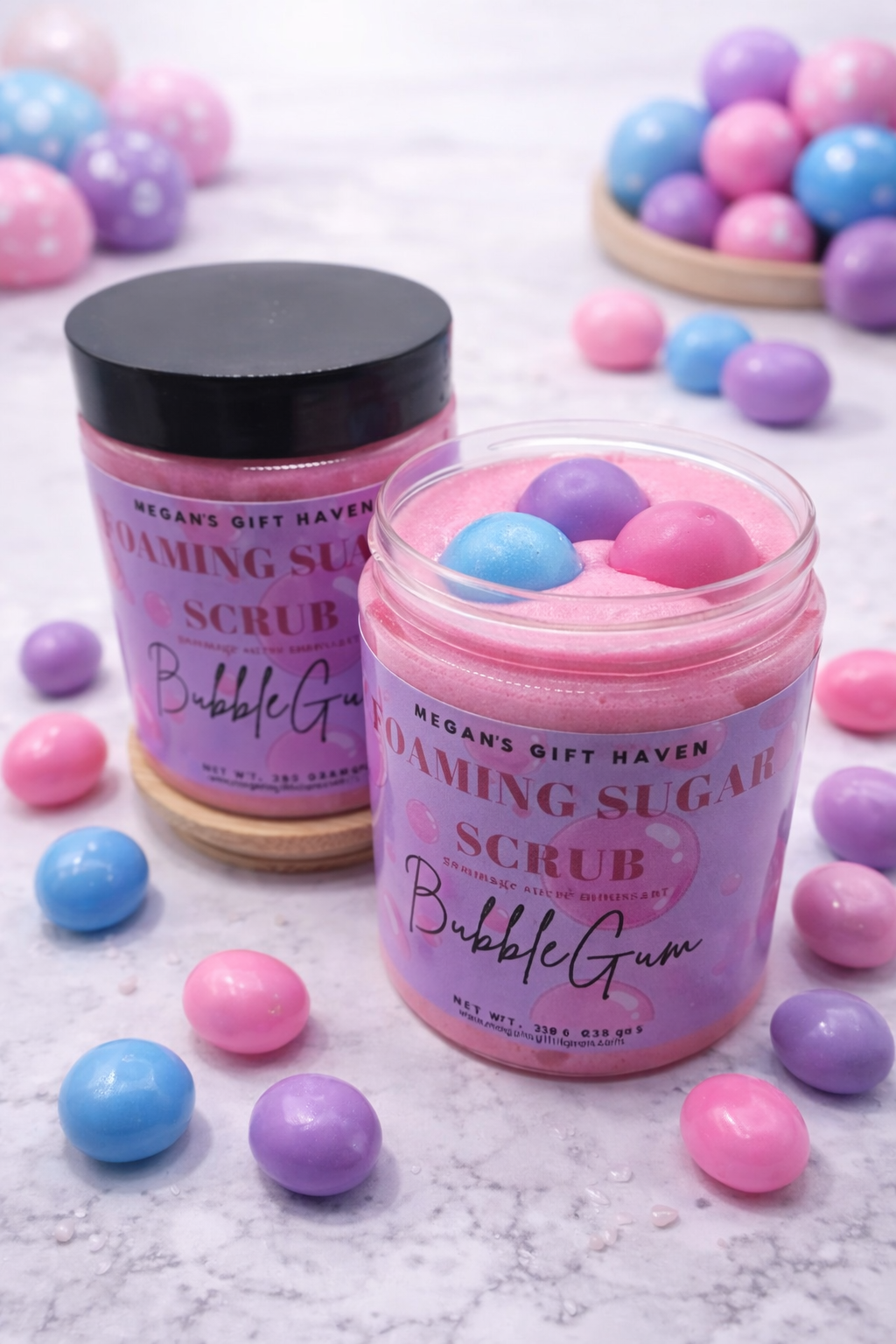 Bubblegum scented foaming sugar scrub