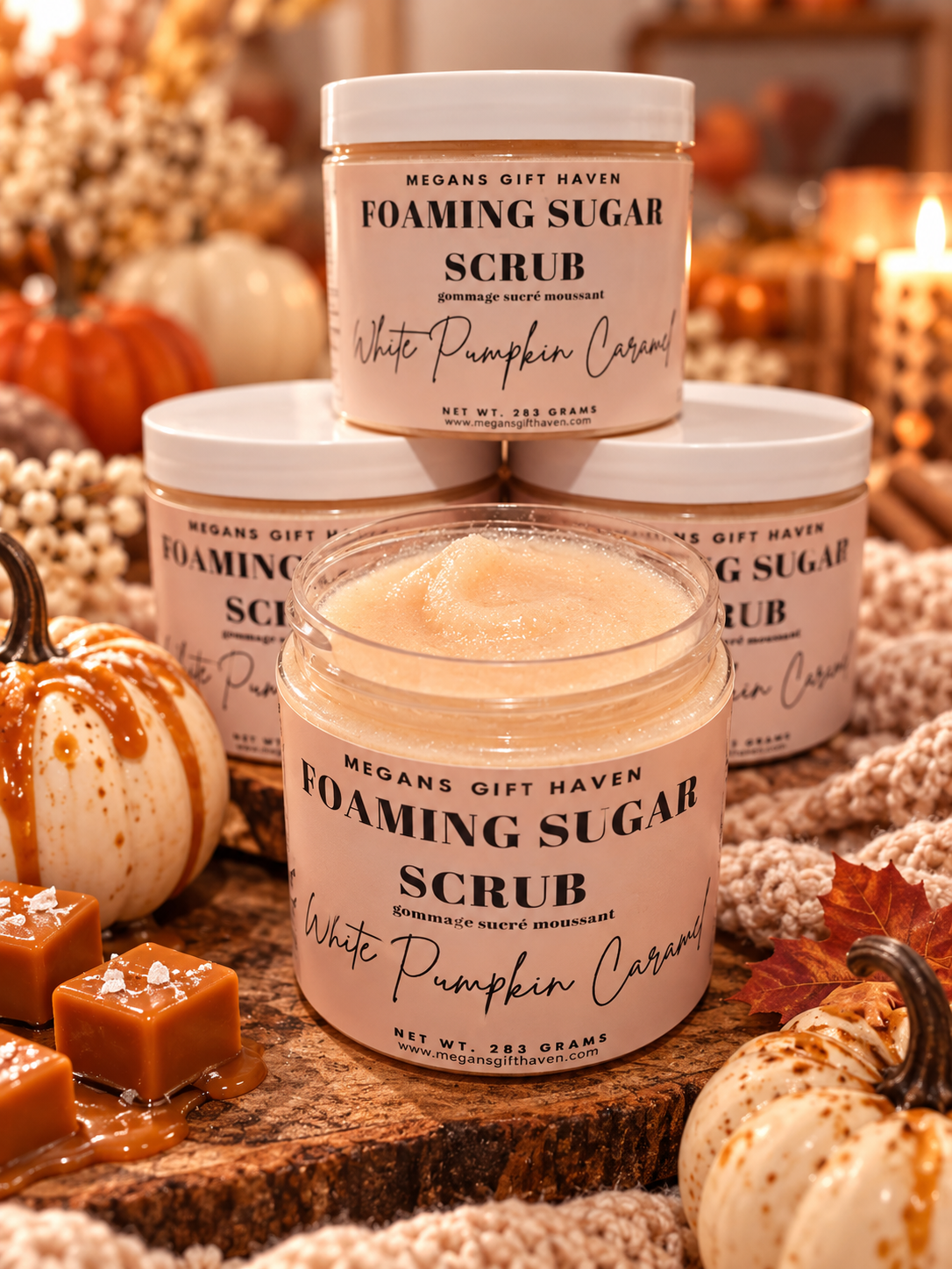 White pumpkin caramel scented foaming sugar scrub