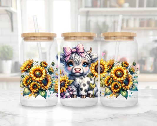 Cute cow in flowers Beer Can Glass